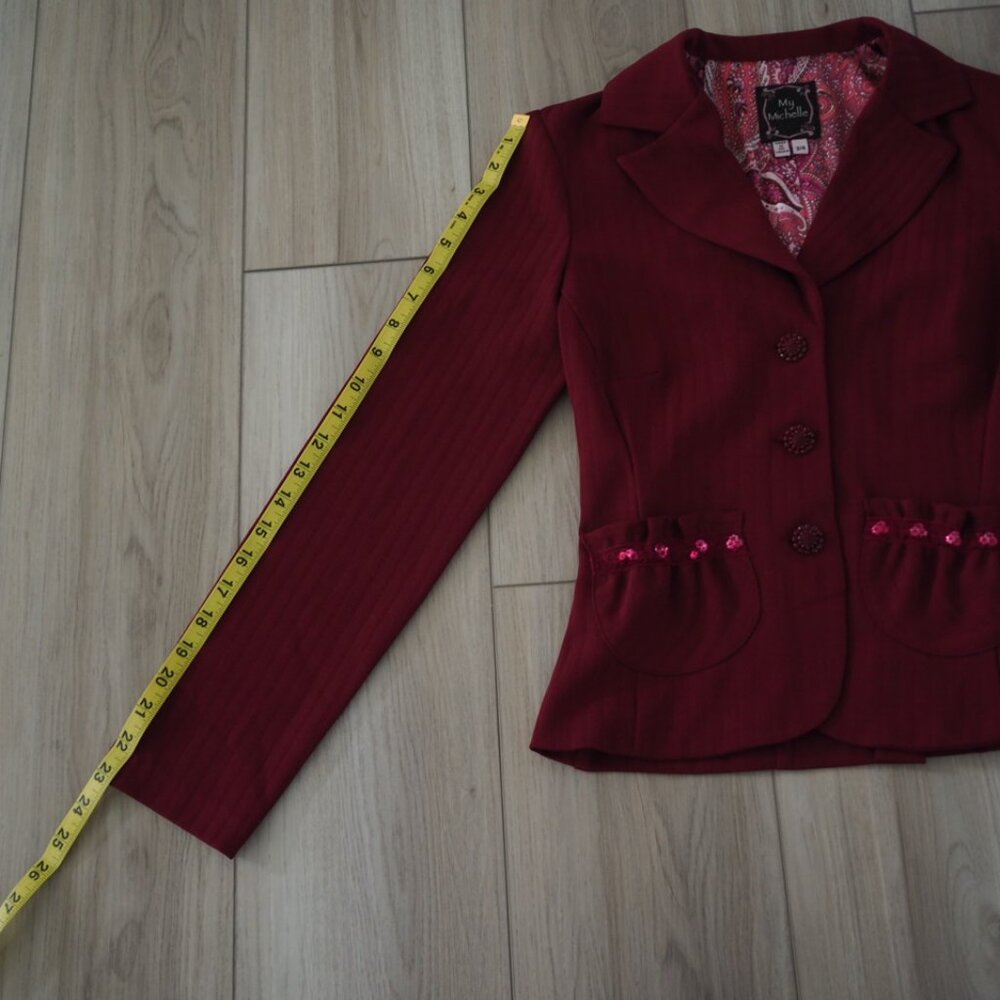 Vintage Y2K Preppy Burgundy Office Siren Blazer Suit Jacket Sz S 3-4 My Michelle - Picture 10 of 12